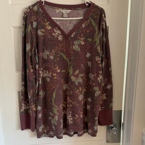 Christopher & Banks Floral V-Neck Long Sleeve Top - Burgundy